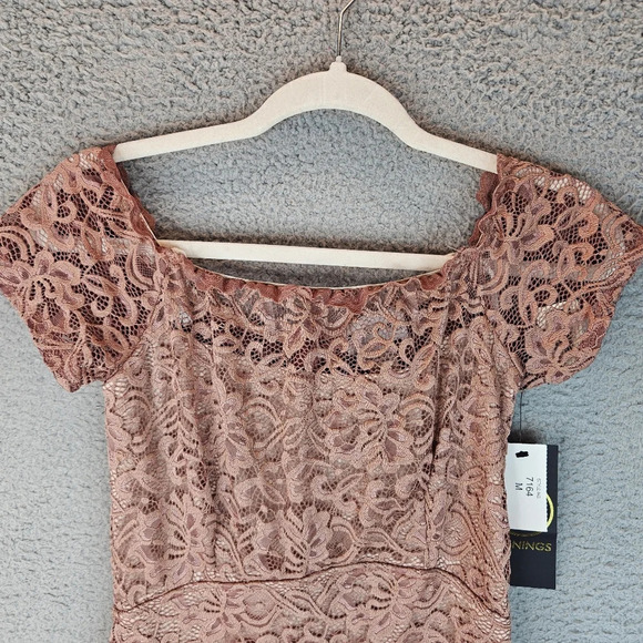 Maria Bonita Womens Lace Overlay Evening Dress Sz M Sand Color Stretch Body hug - Picture 2 of 12